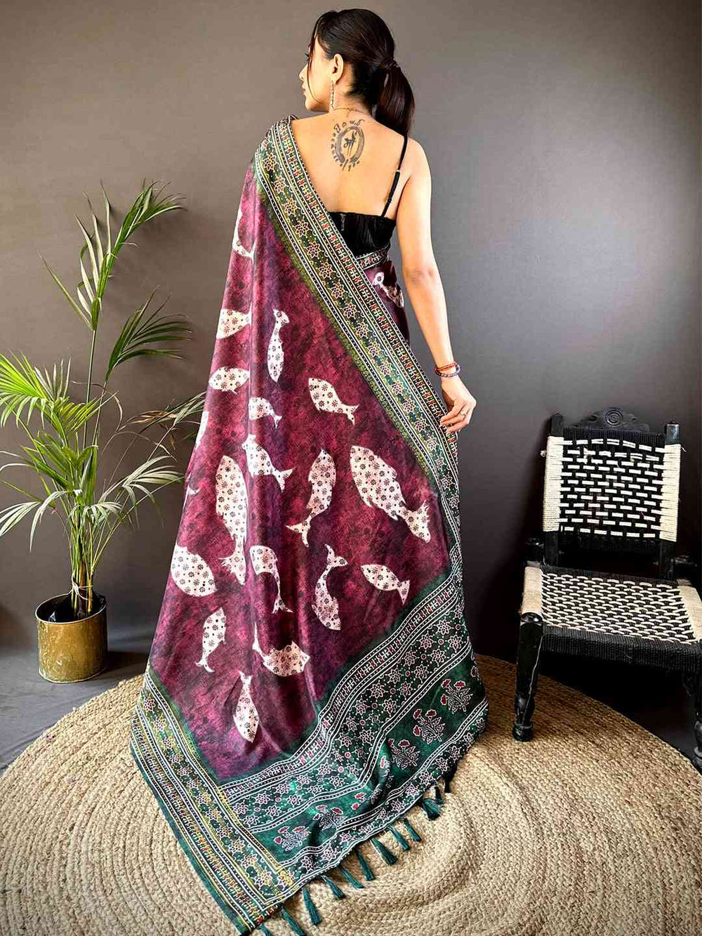 Dark Wine Soft Silk Fish Kalamkari Saree