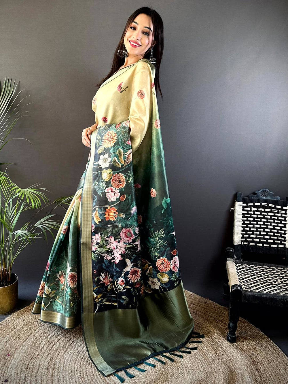 Beige Floral Grace Soft Silk Tissue Saree