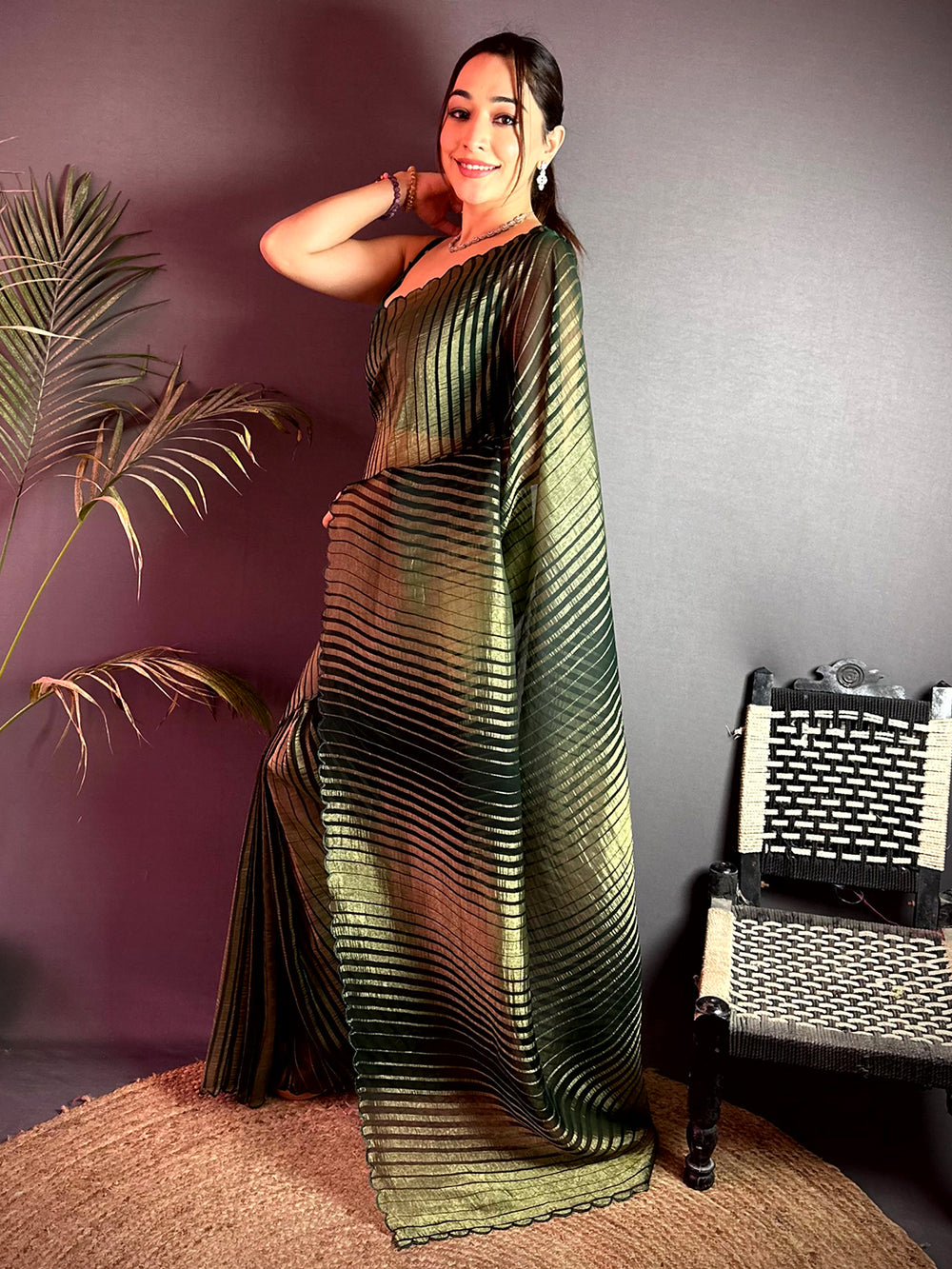 Classic Gold Zari Striped Chiffon Saree