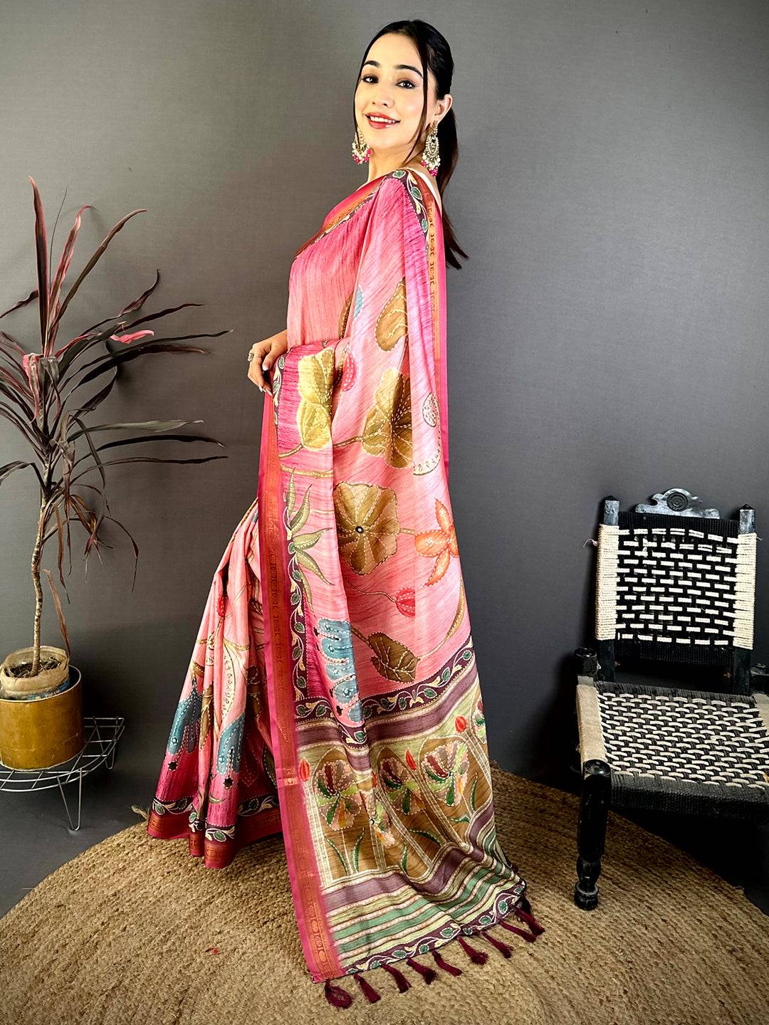 Vibrant Rudraksh Border Floral Silk Saree