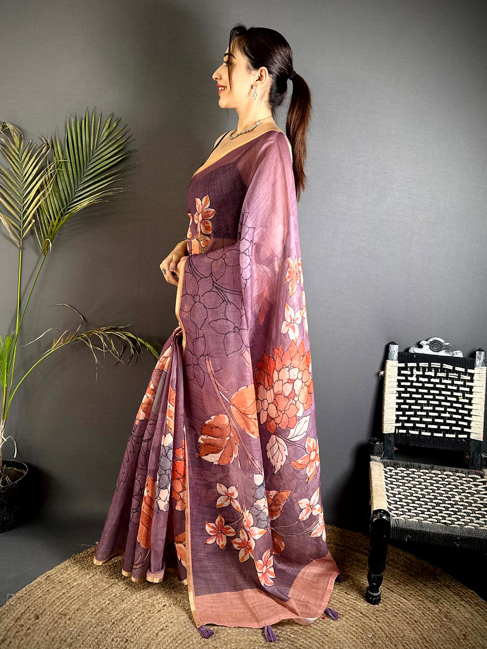 Classic Purple Floral Linen Saree