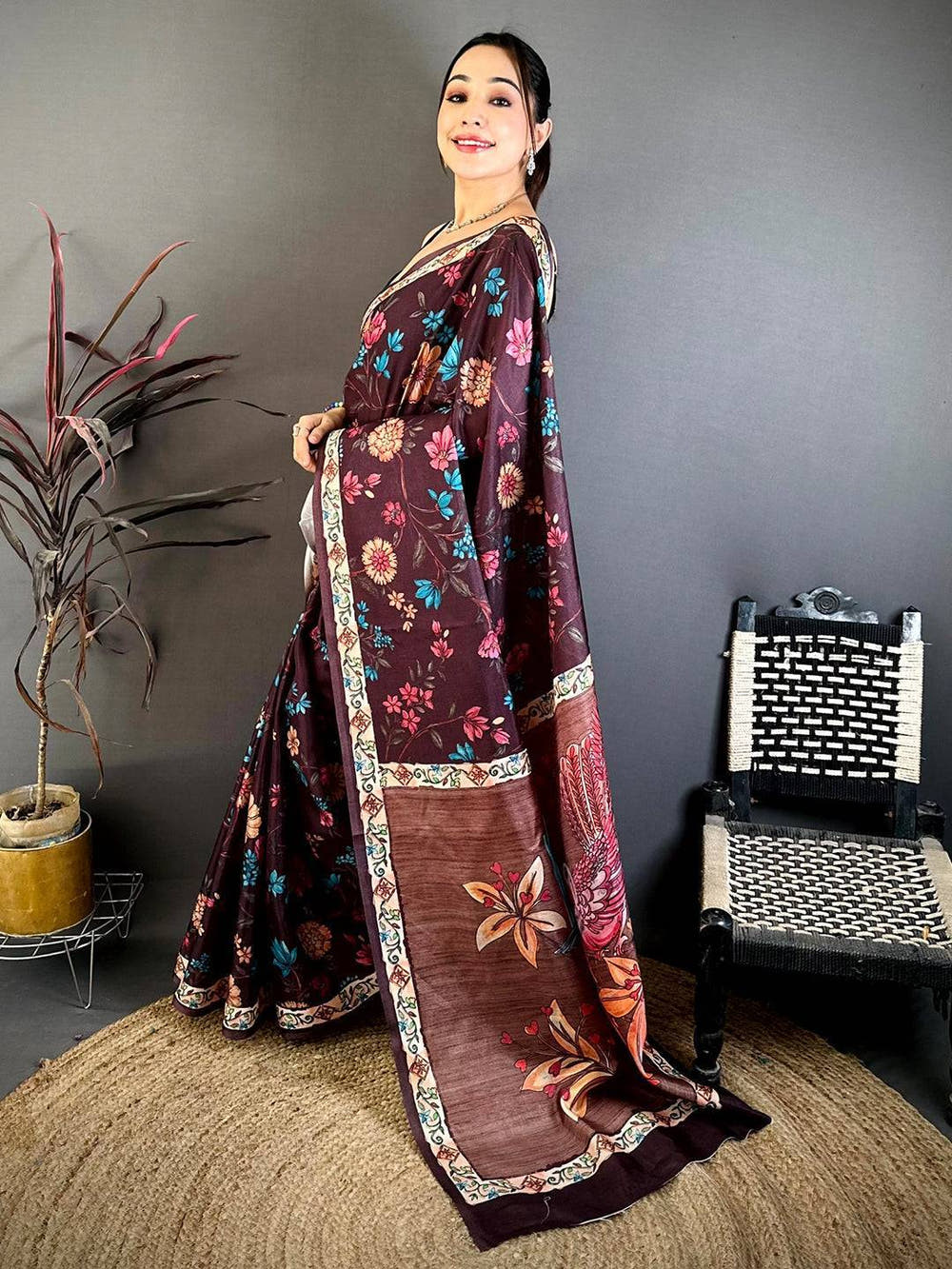 Coffee Brown Tussar Pen Kalamkari Print Saree