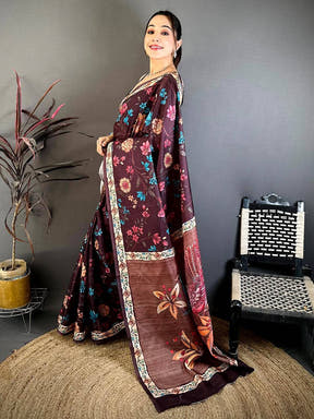Coffee Brown Tussar Pen Kalamkari Print Saree