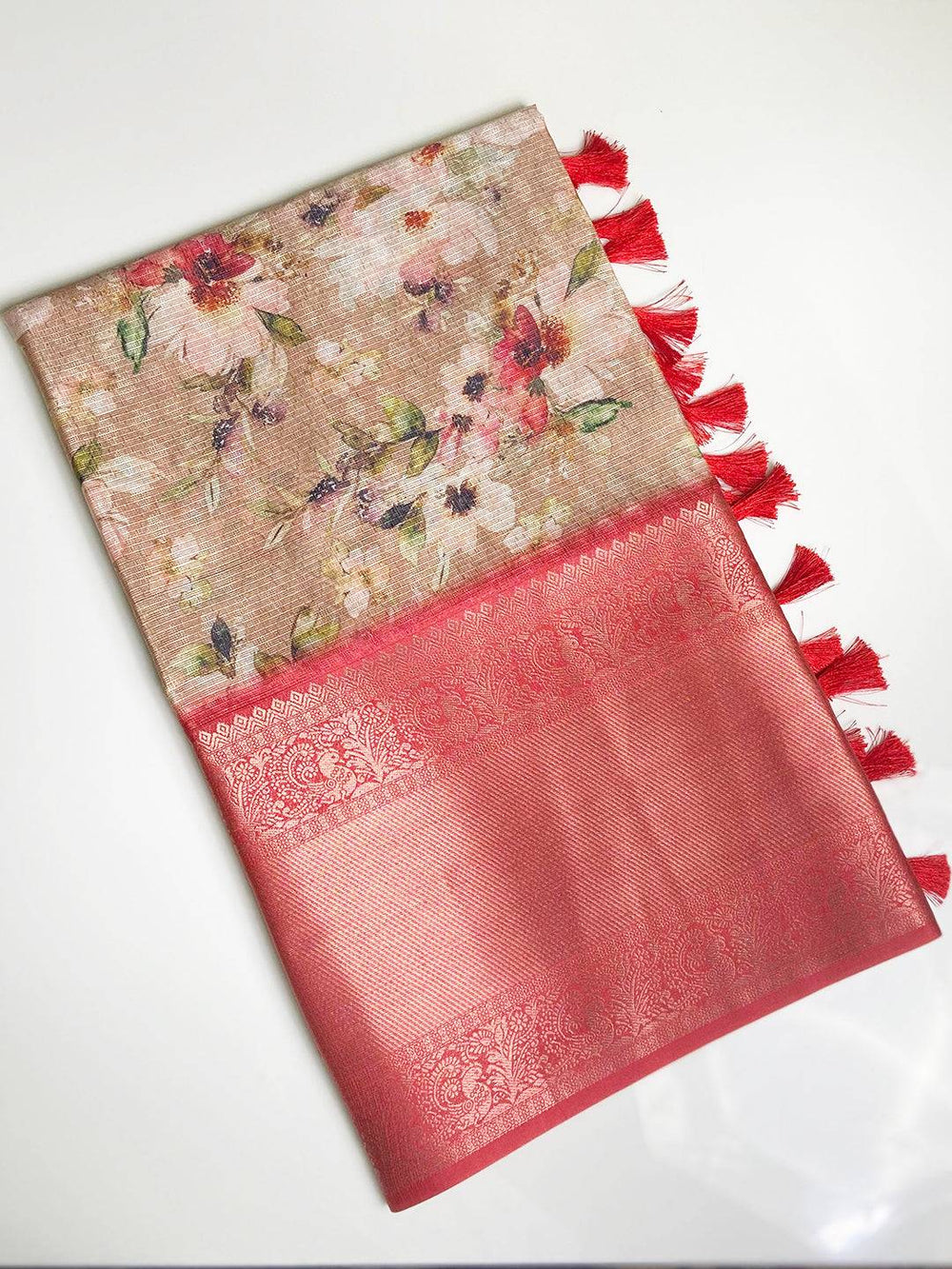 Elegant floral Kota Doriya saree with intricate red border