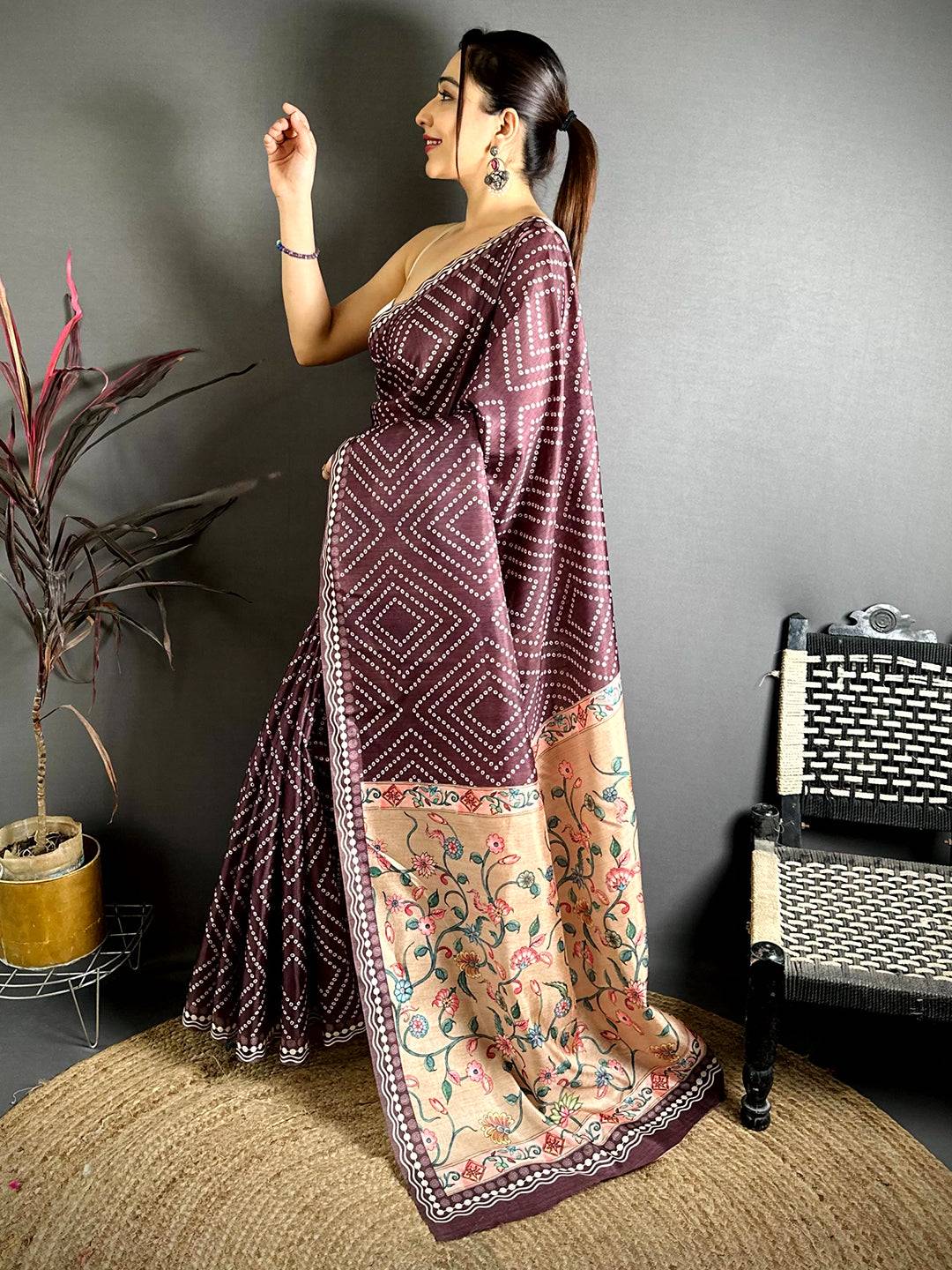 Regal Tussar Bandhej Kalamkari Saree