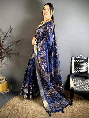 Navy Pen Kalamkari Soft Dola Zari Saree