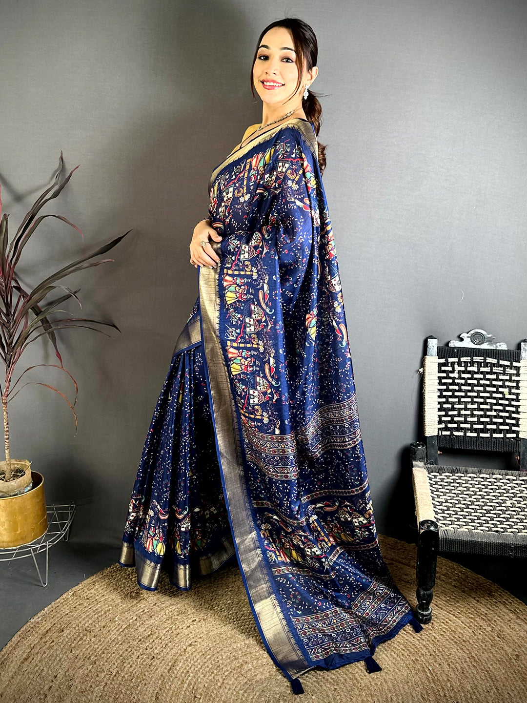 Navy Pen Kalamkari Soft Dola Zari Saree