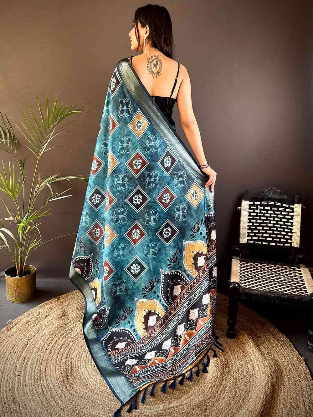 Teal Kota Doriya Zari Weave Digital Print Saree