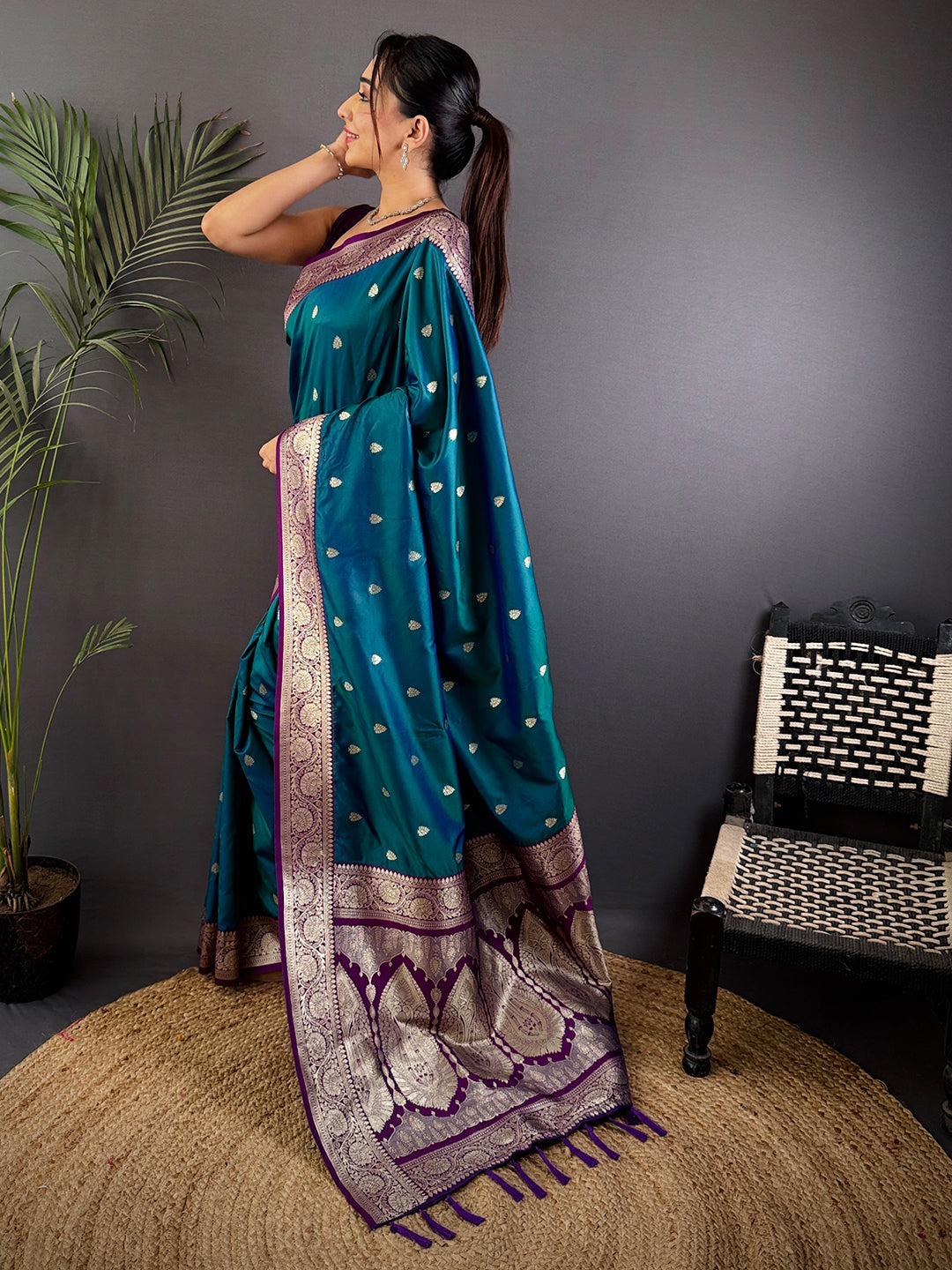 Teal Blue Soft Silk Feather Saree