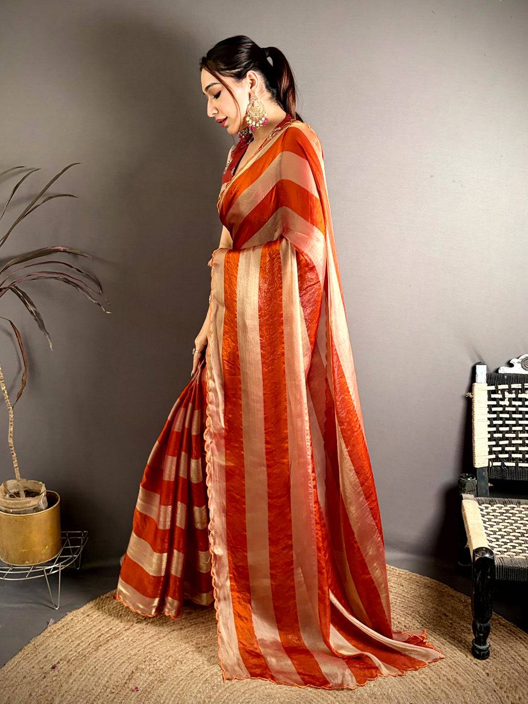 Elegant Shiny Silk Striped Print Saree