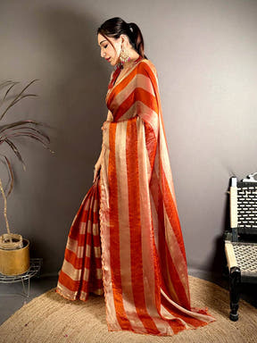 Elegant Shiny Silk Striped Print Saree