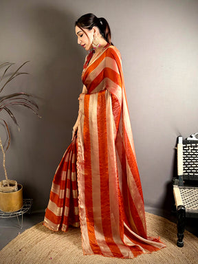 Elegant Shiny Silk Striped Print Saree