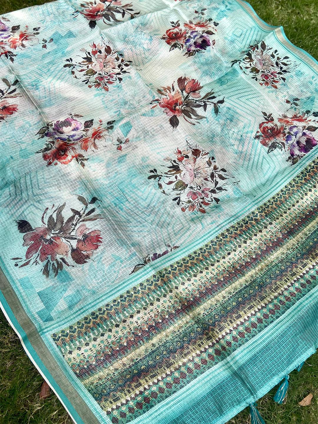 Turquoise Soft Kota Doriya Silk Saree With Flower Print