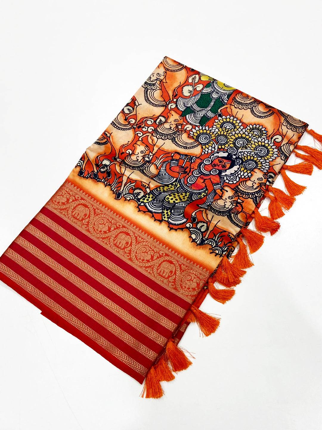 Orange Kalamkari Printed Banarasi Saree