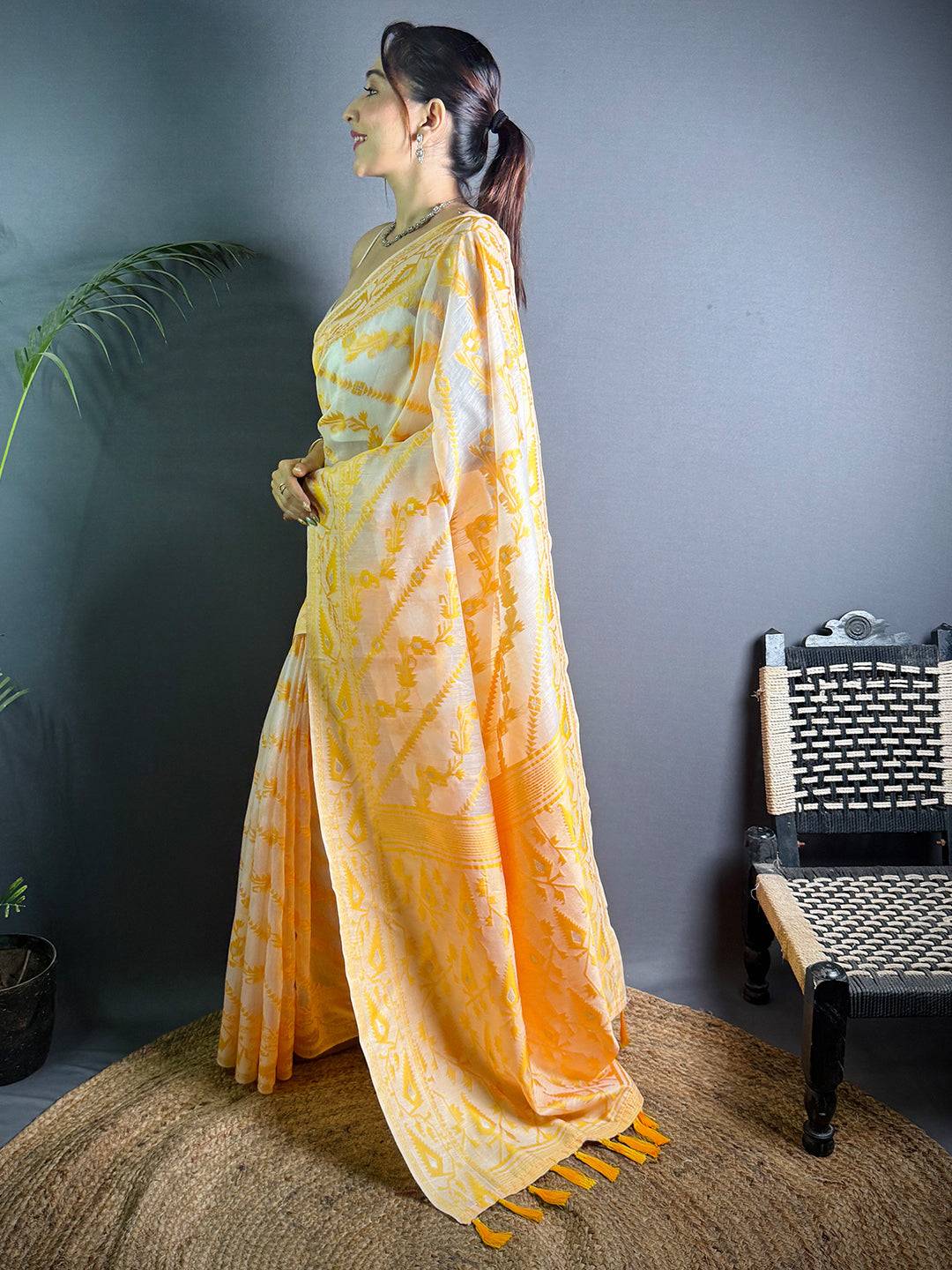 Ethereal Yellow Dhakai Jamdani Silk Saree
