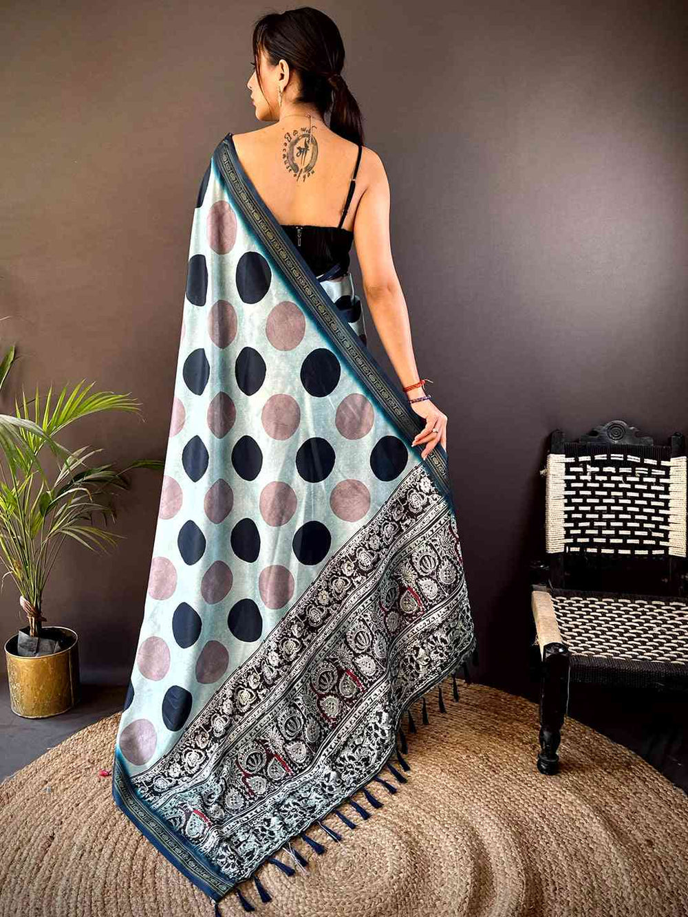 Sky Blue Soft Silk Polka Dot Print Saree