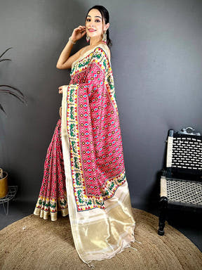 Pink Soft Kanchi Silk Patola Weave Saree