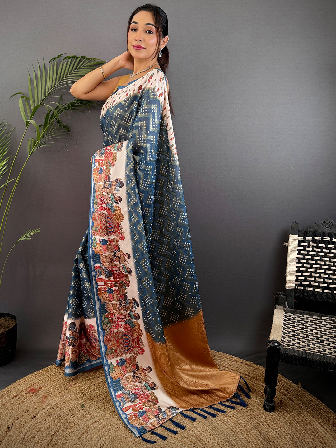 Teal Madhubani Print Soft Silk Sare