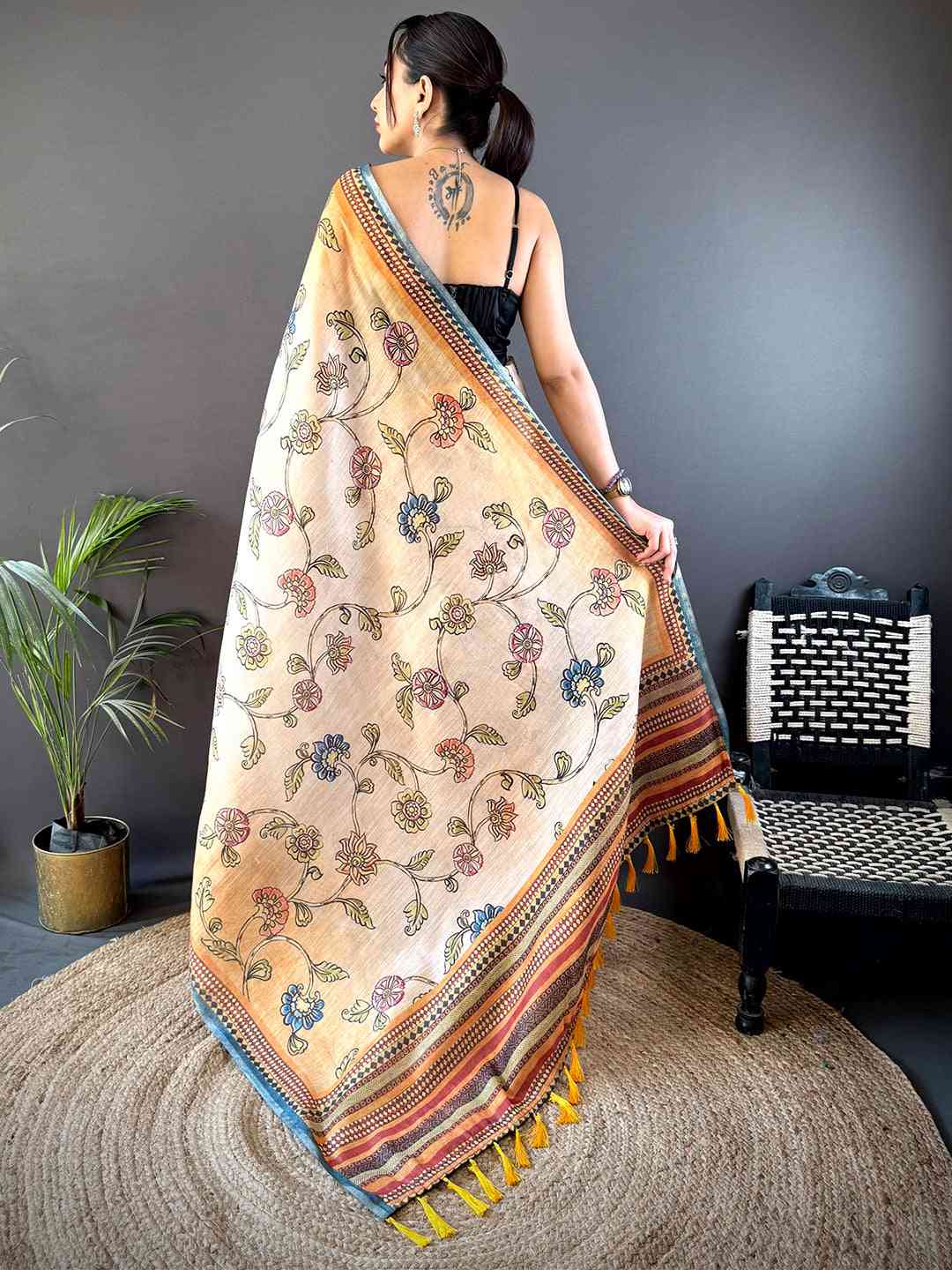 Radiant Orange Zari Tussar Floral Saree

