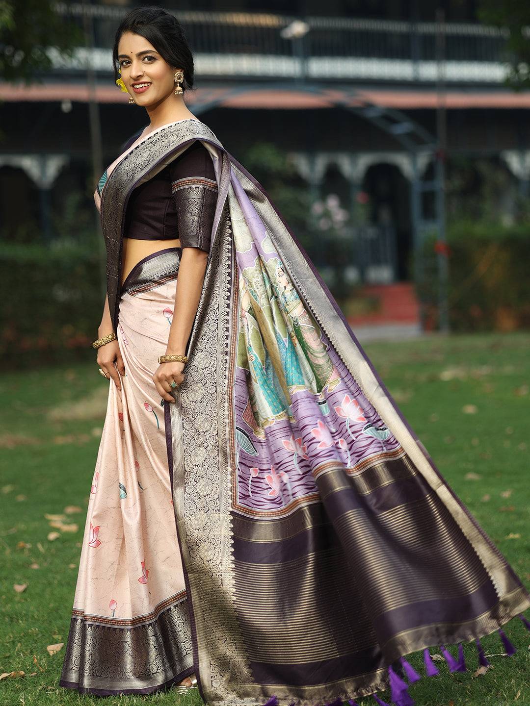 Peach Batik Pen kalamkari Saree With Zari Weaving Pallu