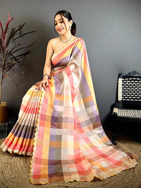 Royal Pastel Check Tussar Designer Saree