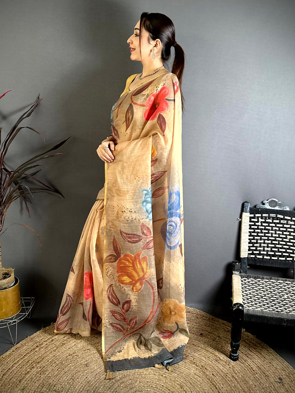 Beige Gold Zari Linen Chanderi Saree
