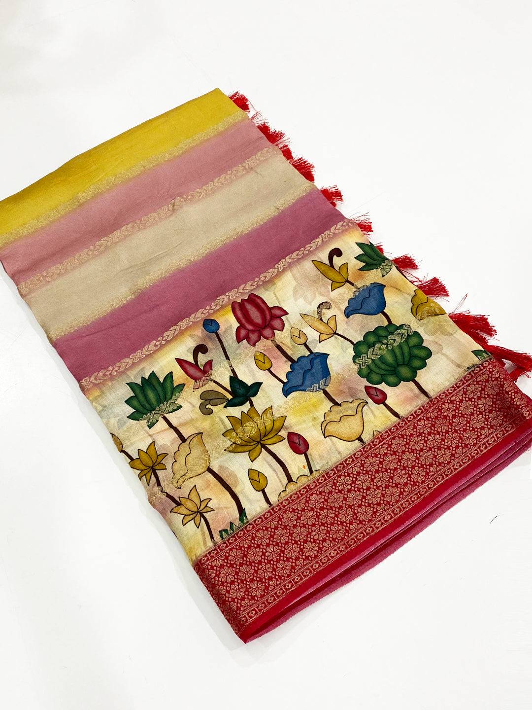 Graceful Soft Silk Kalamkari Zari Stripe Saree