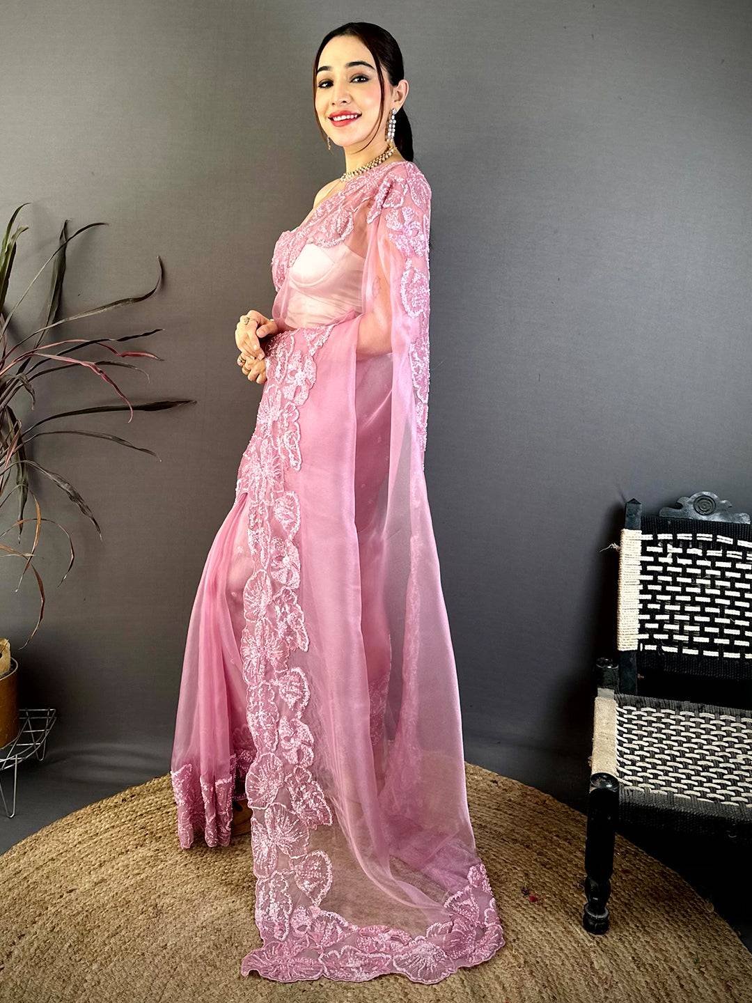 Stylish Heavy Pearl Work Organza Saree
