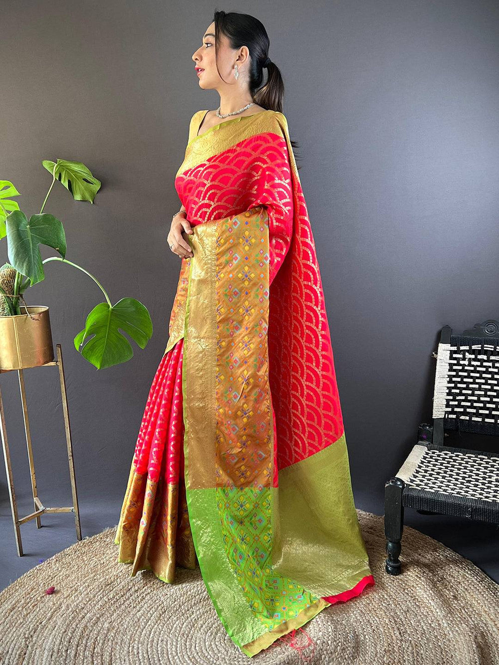 Red Katan Silk Ikkat Saree