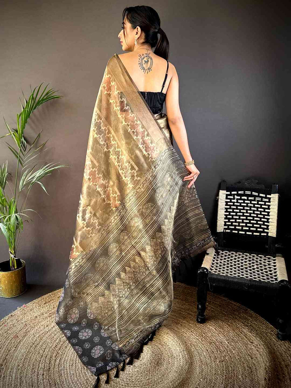 Light Chikku Tissue Striped Digital Printed Saree