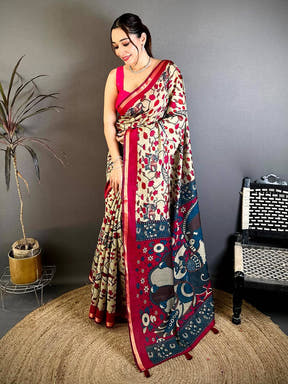 Opulent Mul Cotton Elephant Kalamkari Print Saree