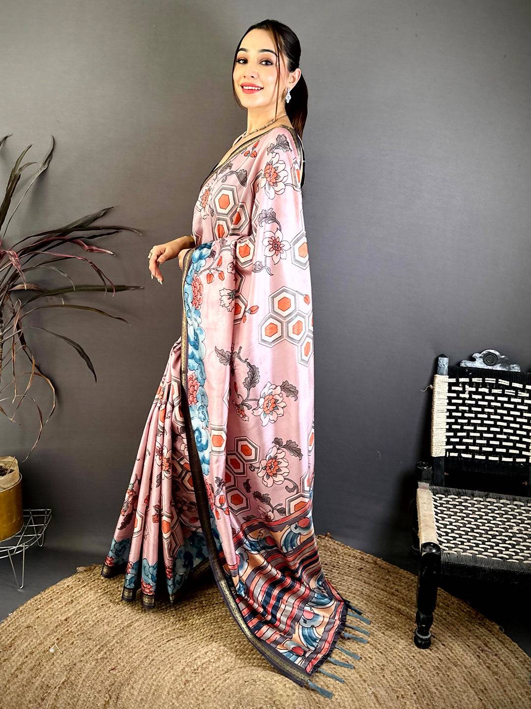 Royal Kalamkari Rudrakh Zari Border Saree