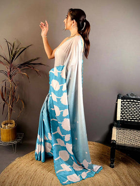 Elegant Floral Print Embroidered Chinnon Saree