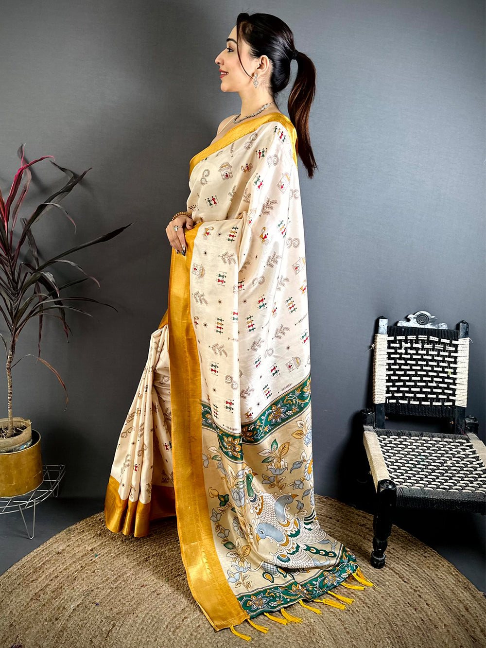 Yellow Soft Dola Silk Warli Print Saree