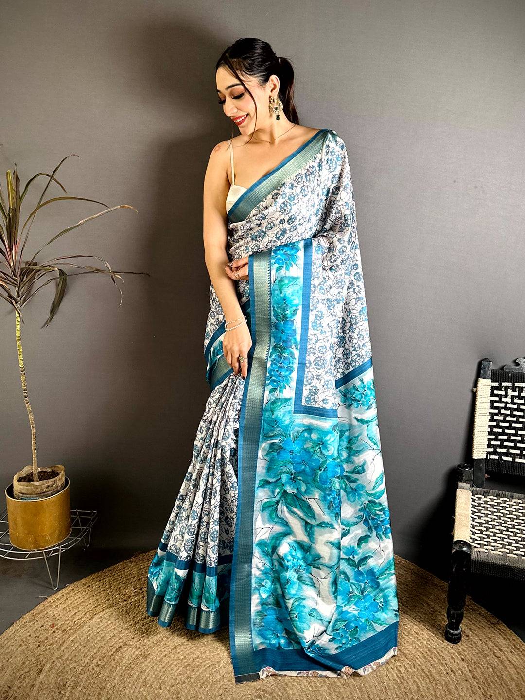 Elegant Sky Blue Ajrakh Print Tussar Saree