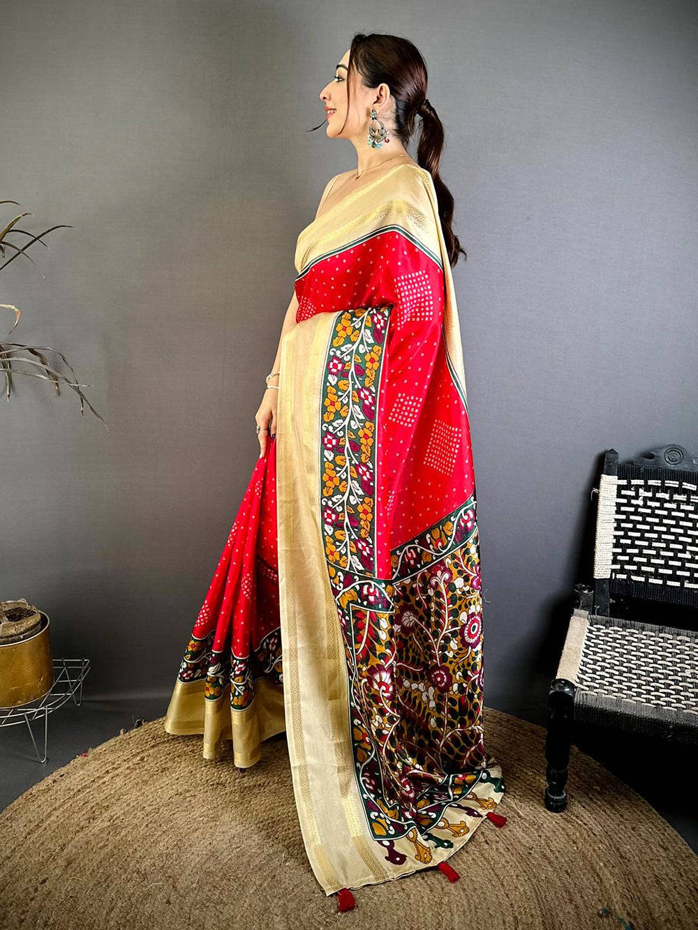 Opulent Bandhej Print Dola Silk Saree