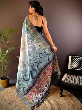 Blue Soft Silk Ocean Wave Patterns Saree