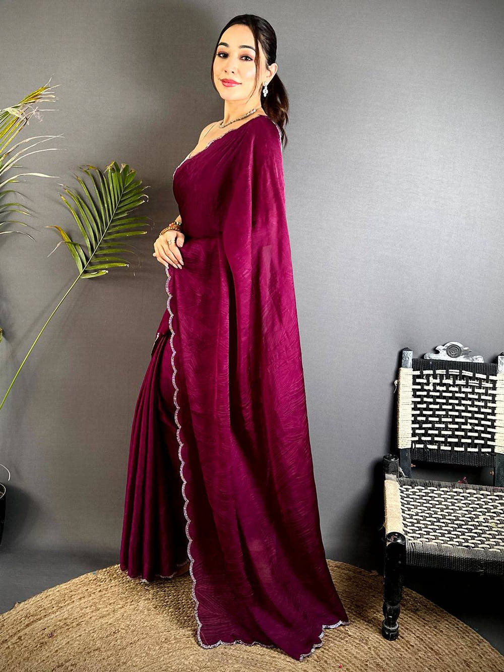 Magenta Stone Work Silk Crush Saree
