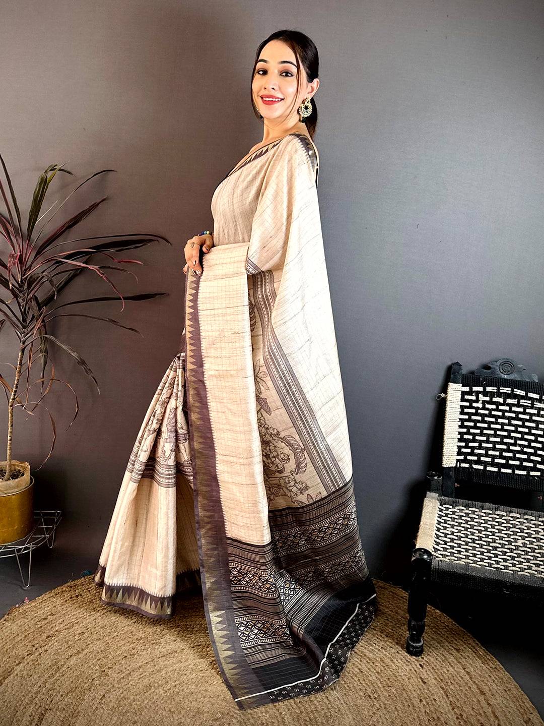 Vibrant Soft Tussar Madhubani Print Saree