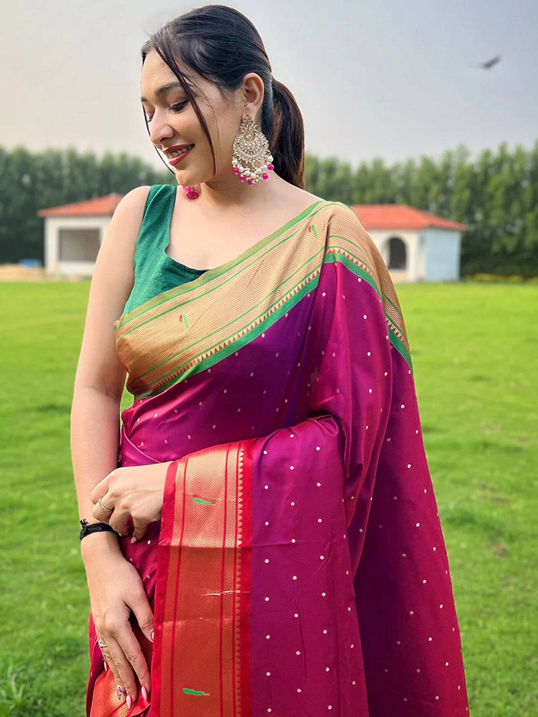 Paithani Wine Colour Saree With Ganga Jamuna Broder