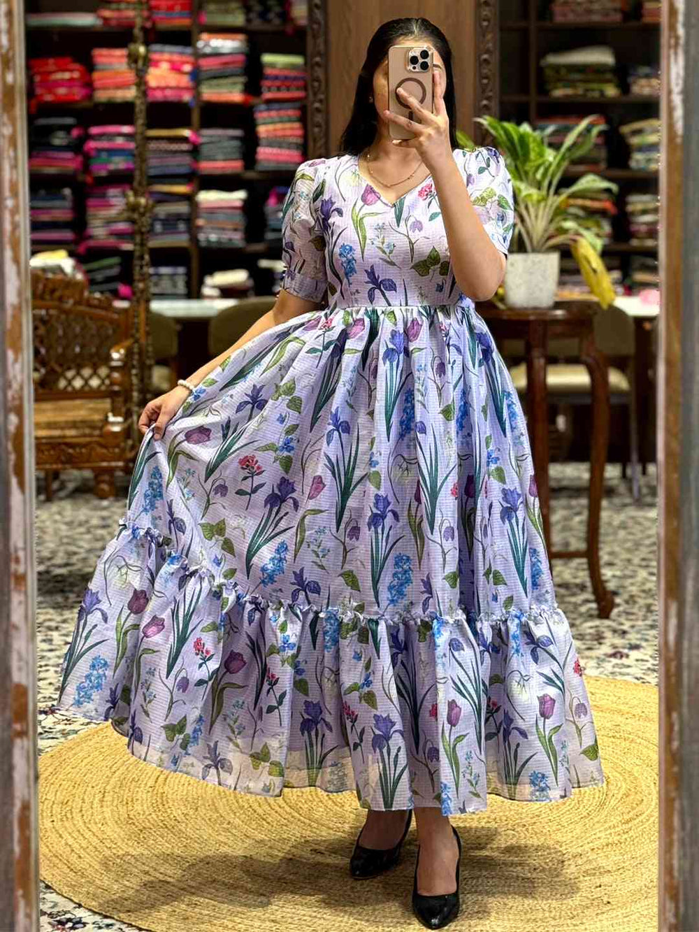 Lavender Floral Print Midi Dress