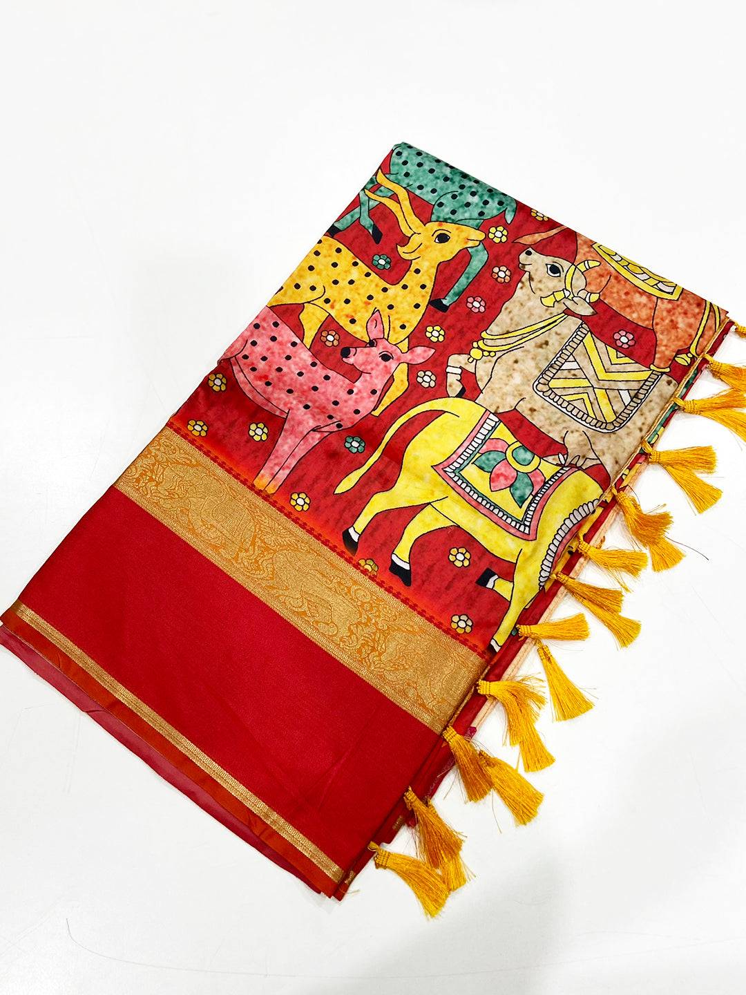 Deep Red Banarasi Kalamkari Silk Saree