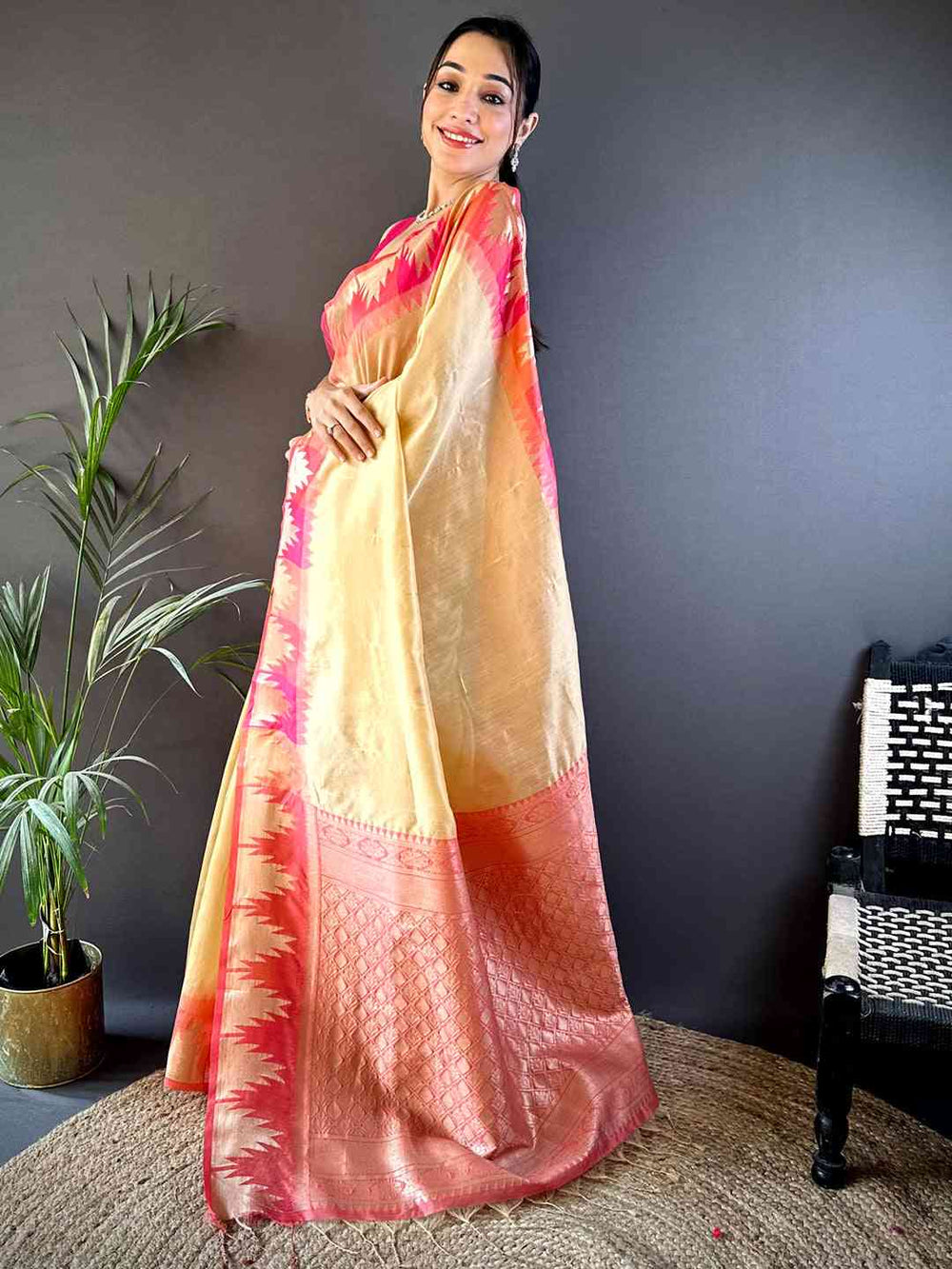 Cream Banarasi Raw Silk Ikkat Saree