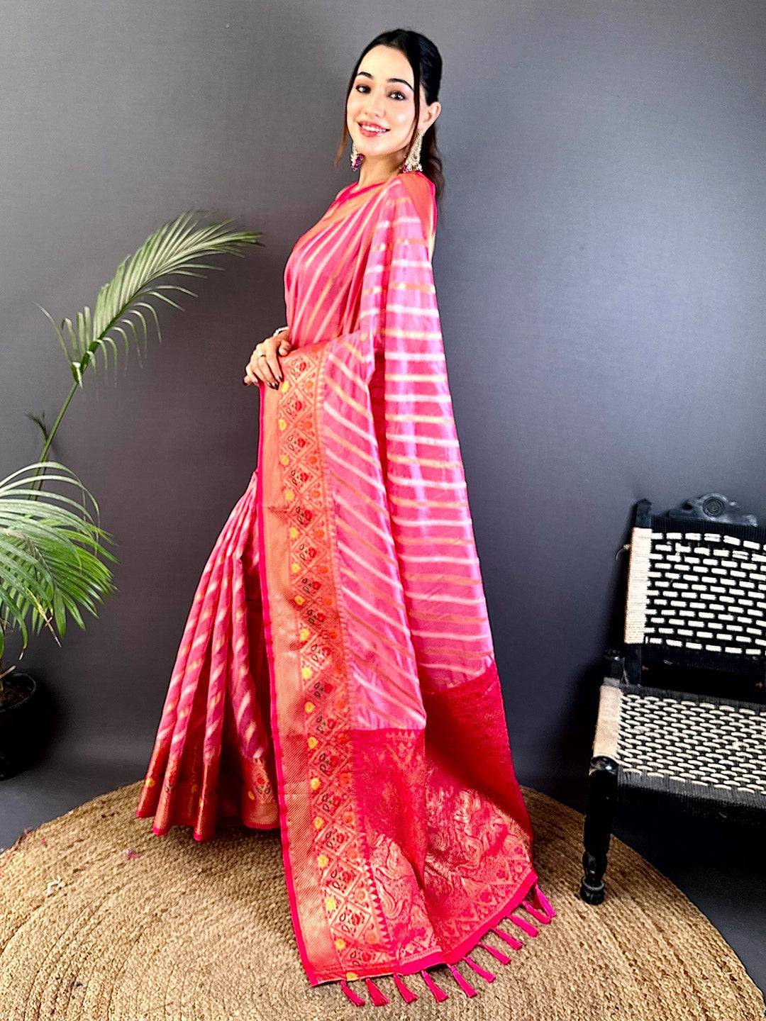Baby Pink Banarasi Lehriya Katan Silk Saree

