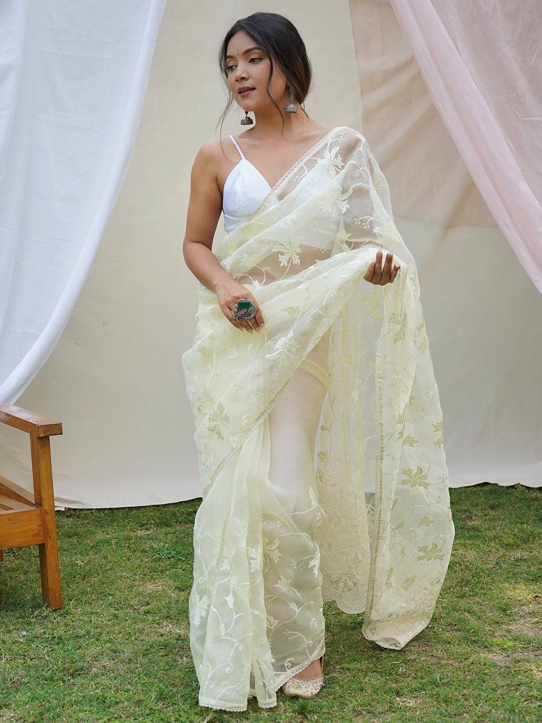 Embellished Organza Silk Saree with Lucknowi Chikankari Work 