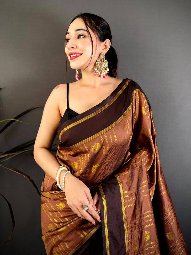 Brown Soft Silk Ethnic Motif Zari Saree