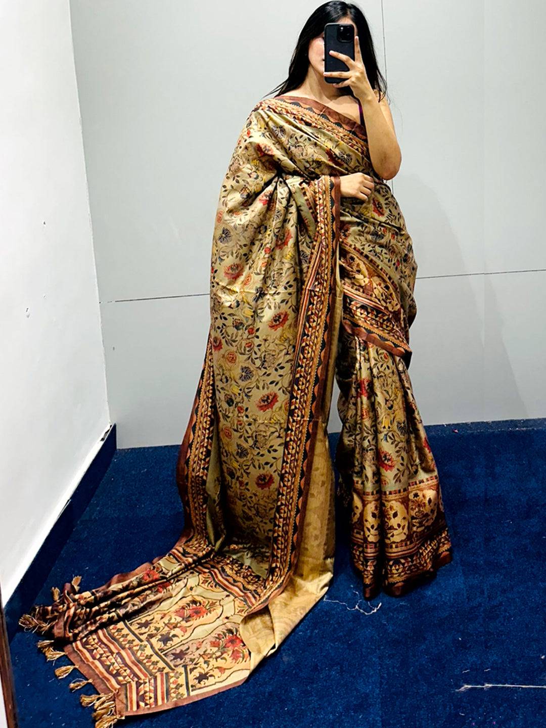 Model showcasing Olive Tussar Silk Flower Pashmina Print Saree