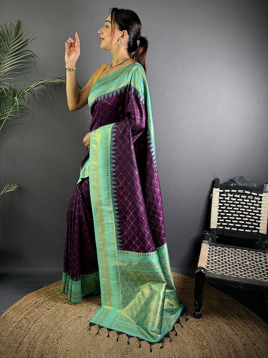 Wine Gold Zari Chex Soft Silk Saree

