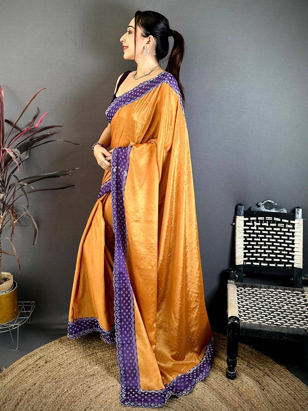 Yellow Poly Chiffon Diamond Stone Work Saree
