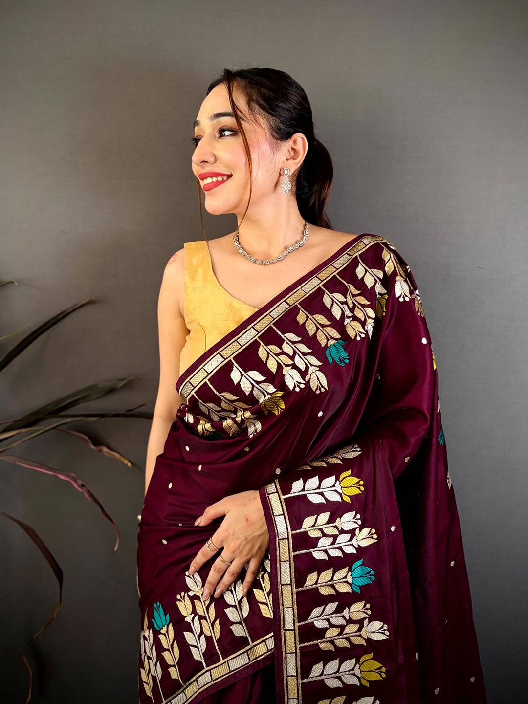 Wine Soft Satin Minakari Aari Work Saree